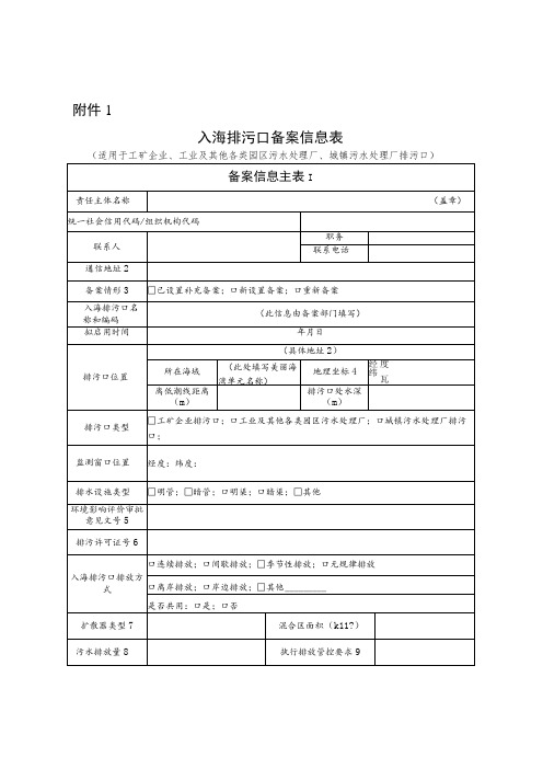 入海排污口备案信息表、登记表