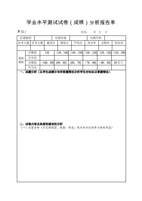 学科老师期中考试学业水平测试试卷分析报告(样表)