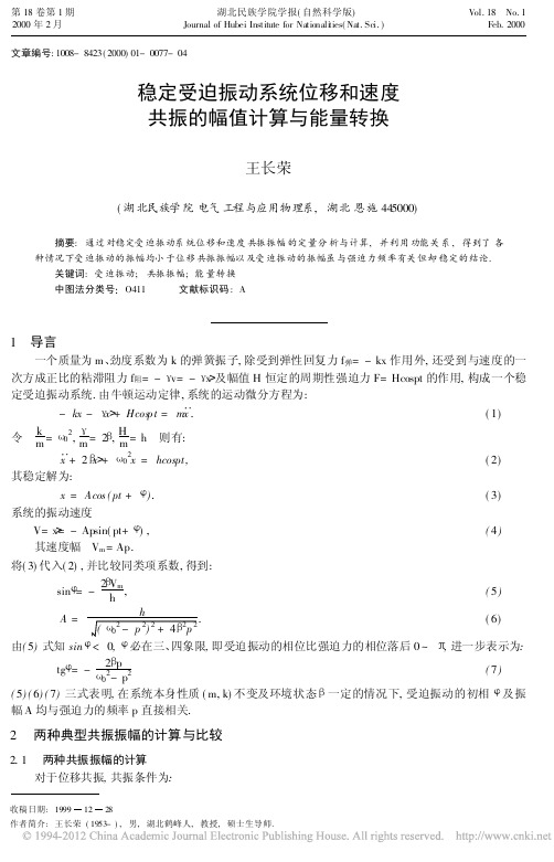 稳定受迫振动系统位移和速度共振的幅值计算与能量转换_王长荣