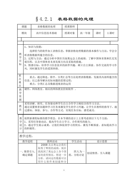 高中信息技术_表格数据的处理教学设计学情分析教材分析课后反思