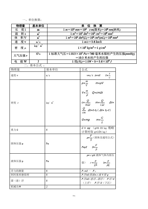 初中物理单位换算及基本公式