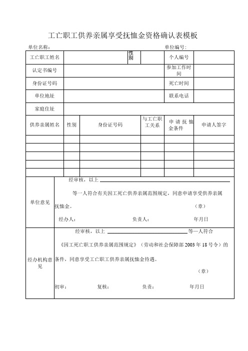 工亡职工供养亲属享受抚恤金资格确认表模板