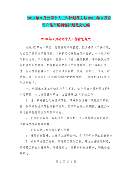 2018年9月公司个人工作计划范文与2018年9月公司产品市场销售计划范文汇编.doc