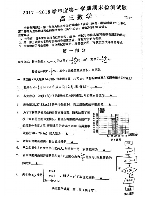 2018年2月江苏省扬州市2018届高三期末试卷及参考答案附加题