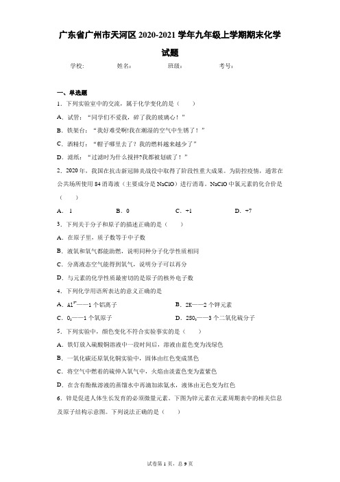 广东省广州市天河区2020-2021学年九年级上学期期末化学试题(含答案解析)
