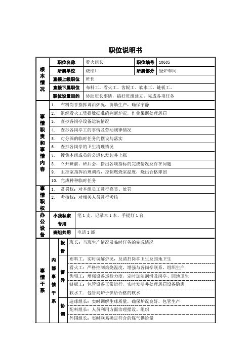 烧结厂竖炉看火组长岗位说明书