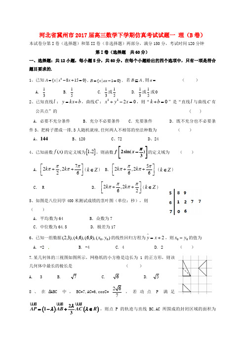 河北省冀州市2017届高三数学下学期仿真考试试题一 理(B卷)