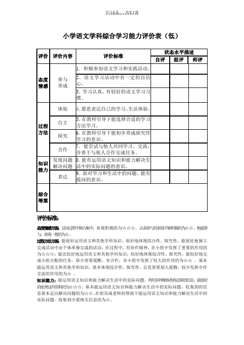 小学语文学科综合学习能力评价表(低)