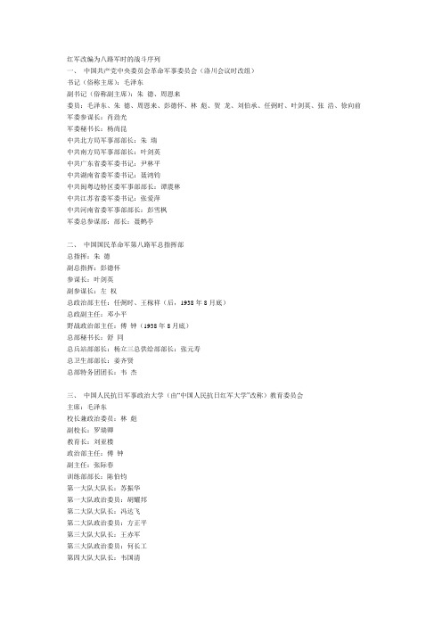 红军改编为八路军时的战斗序列