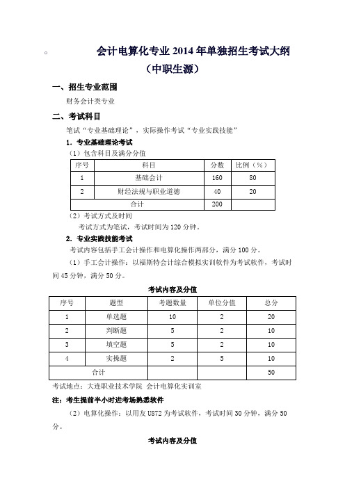 大连职业技术学院单独招生会计电算化专业考试大纲