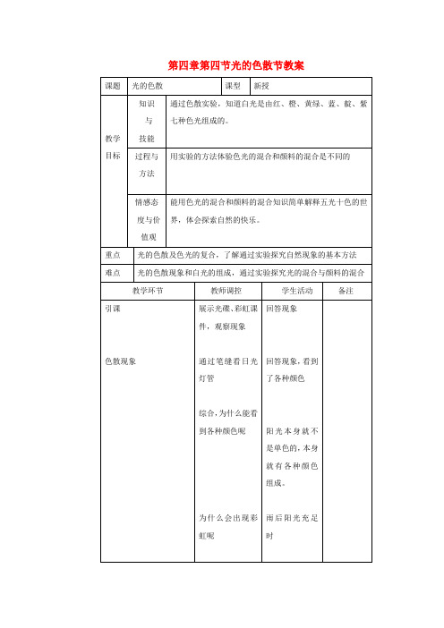 八年级物理 4.4 光的色散教案 沪科版