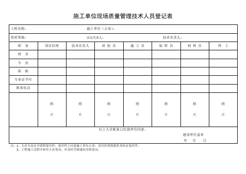 施工单位现场质量管理技术人员登记表