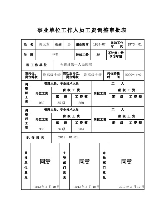 事业单位工作人员工资调整审批表