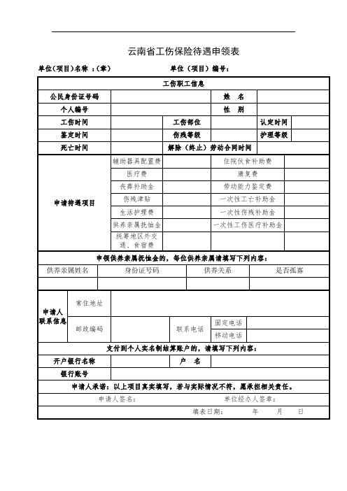 云南省工伤保险待遇申领表