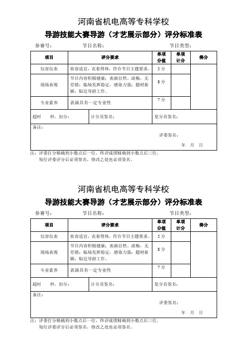 导游技能大赛(才艺展示部分)评分表