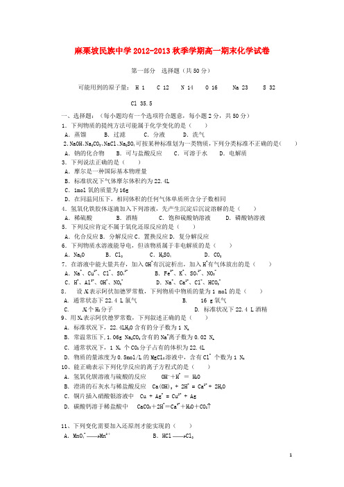 云南省麻栗坡民族中学高一化学上学期期末考试试题新人教版