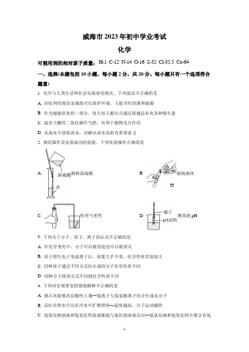 2023年山东省威海市中考化学真题(含答案)