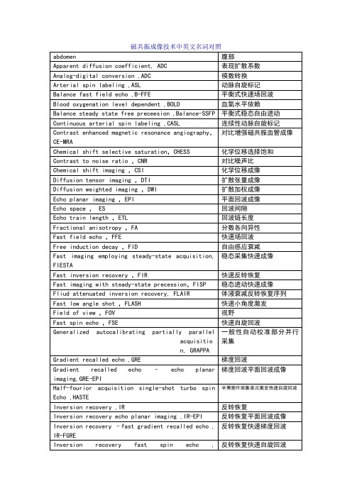 磁共振成像技术中英文名词对照