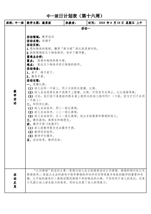 中班日计划表(第十六周)