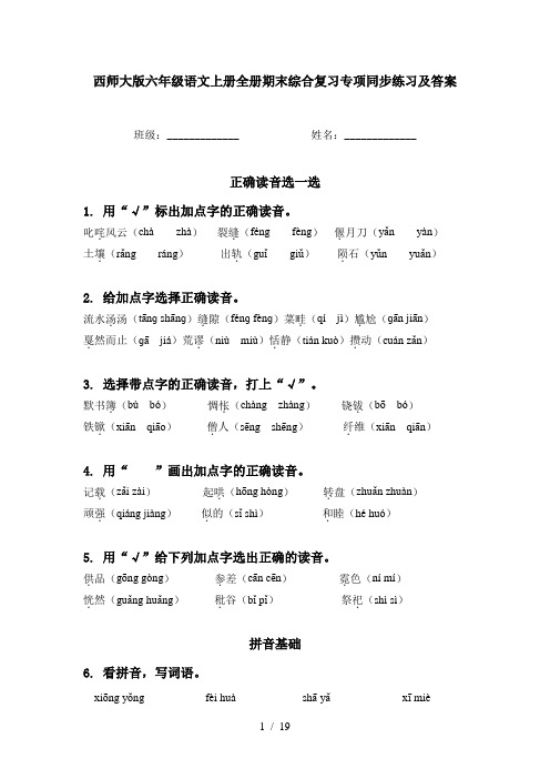 西师大版六年级语文上册全册期末综合复习专项同步练习及答案