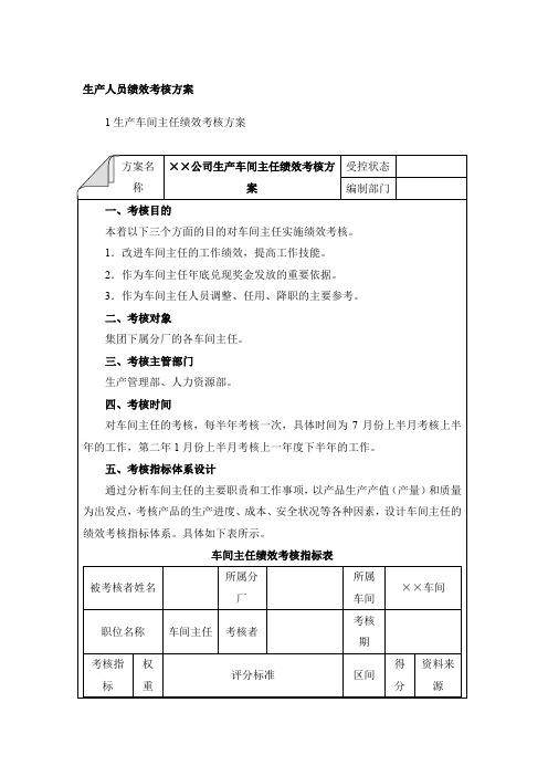 生产人员绩效考核方案：生产车间主任、车间班组长、生产车间工人