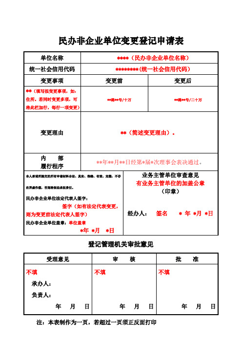 民办非企业单位变更登记申请表