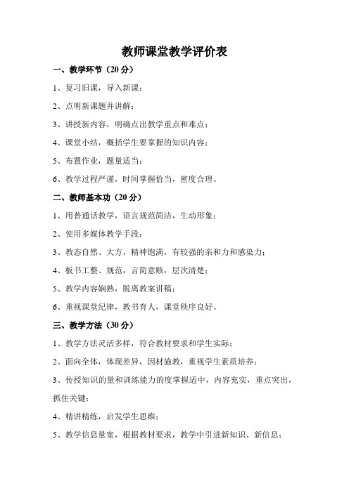 教师课堂教学评价表