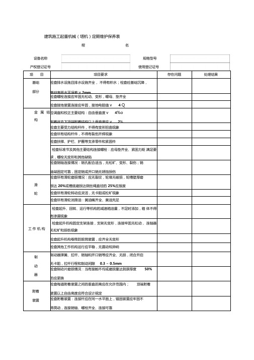 建筑施工起重机械(塔机)定期维护保养表