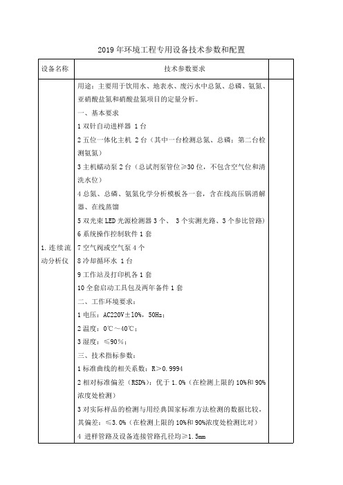 2019年环境工程专用设备技术参数和配置