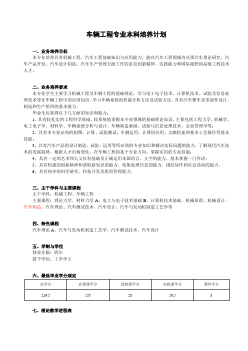 车辆工程专业本科培养计划