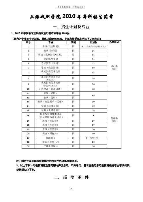 2010年上海戏剧学院招生简章