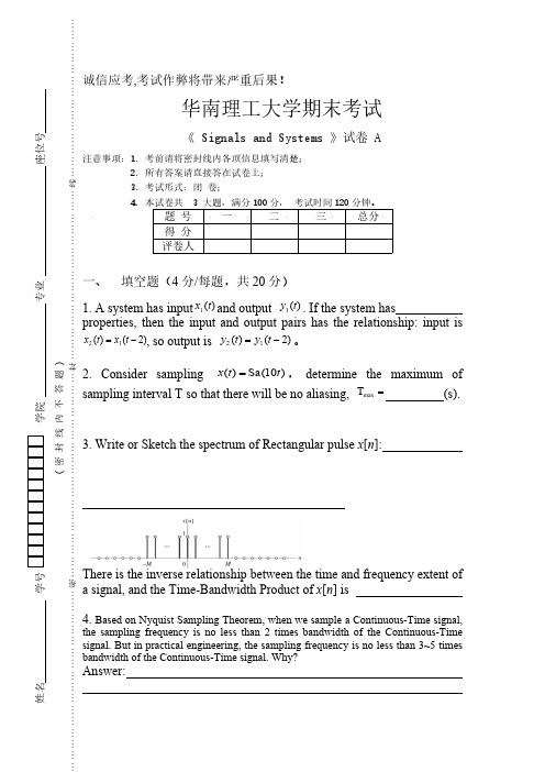信号与系统-华南理工大学期末考试试卷2009A