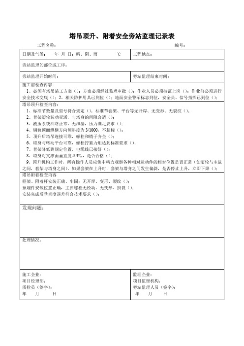 塔吊顶升、附着安全旁站监理记录表