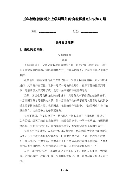 五年级湘教版语文上学期课外阅读理解重点知识练习题