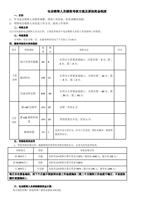 电话销售人员绩效考核方案及原始奖金制度