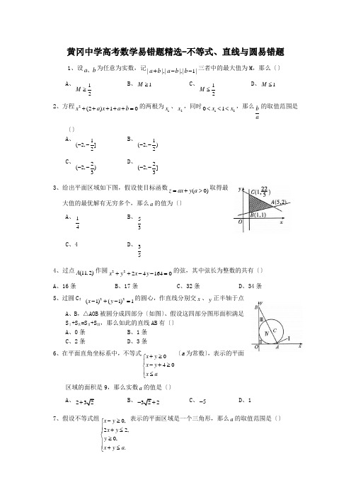 黄冈中学高考数学易错题精选-不等式、直线与圆易错题