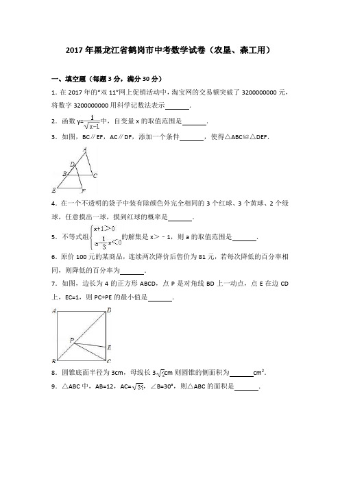 2017年黑龙江省鹤岗市中考数学试卷(农垦、森工用)(含答案)