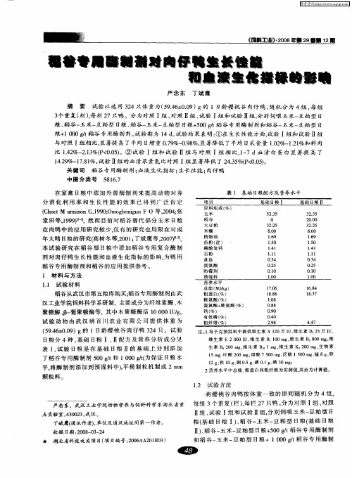 稻谷专用酶制剂对肉仔鸭生长性能和血液生化指标的影响