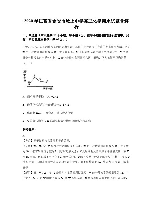 2020年江西省吉安市城上中学高三化学期末试题含解析