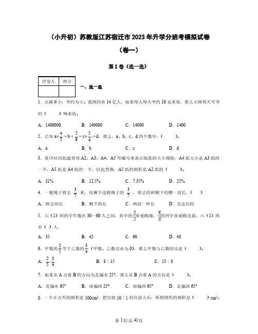 (小升初)苏教版江苏宿迁市2023年升学分班考模拟试卷(卷一卷二)2套含答案