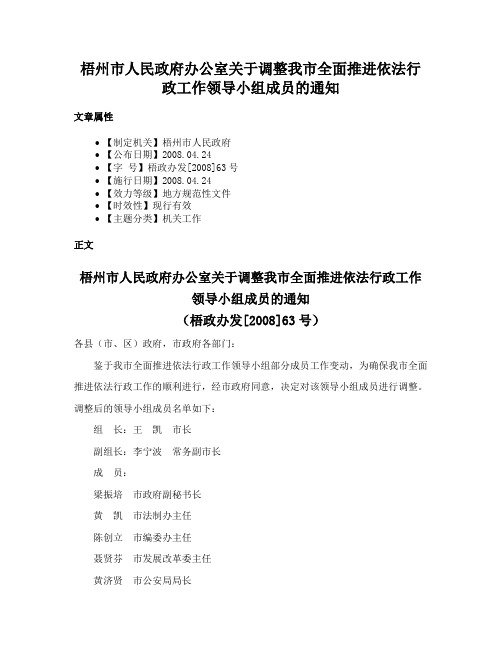 梧州市人民政府办公室关于调整我市全面推进依法行政工作领导小组成员的通知