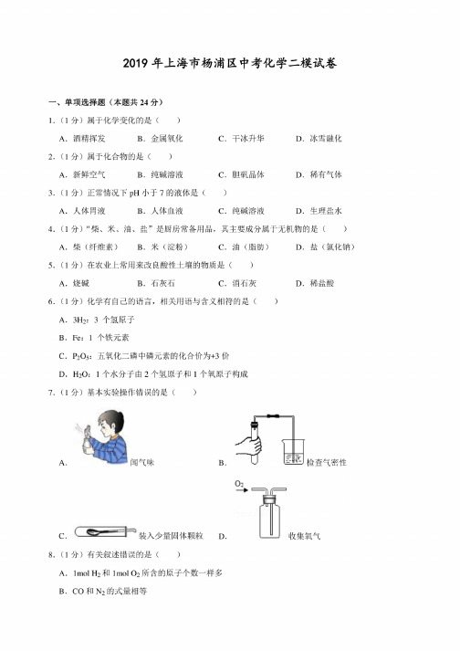 2019年上海市杨浦区中考化学二模试卷