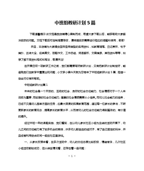 中班组教研计划5篇