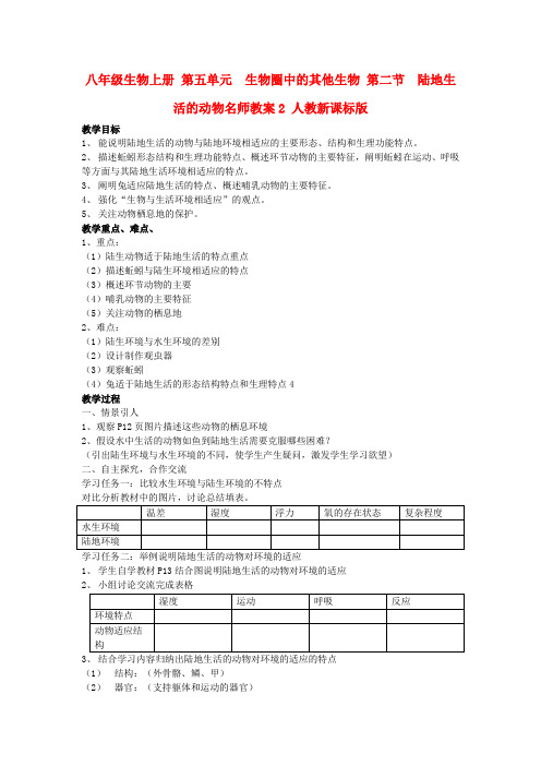 八年级生物上册-第五单元-生物圈中的其他生物-第二节-陆地生活的动物名师教案2-人教新课标版