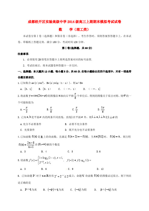 四川省成都经济技术开发区实验高级中学校高三数学一诊模拟(期末模拟)试题 理