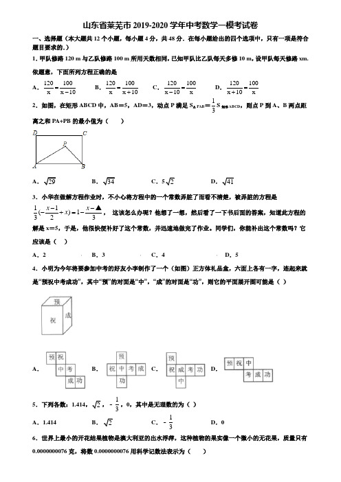 山东省莱芜市2019-2020学年中考数学一模考试卷含解析