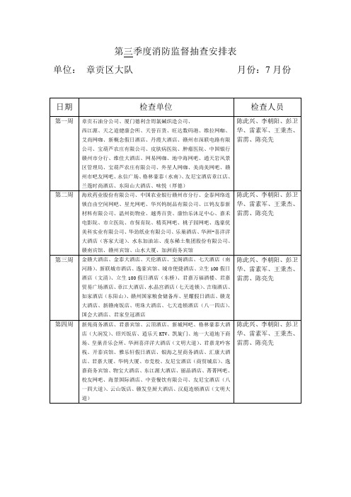 第三季度消监督抽查安排表