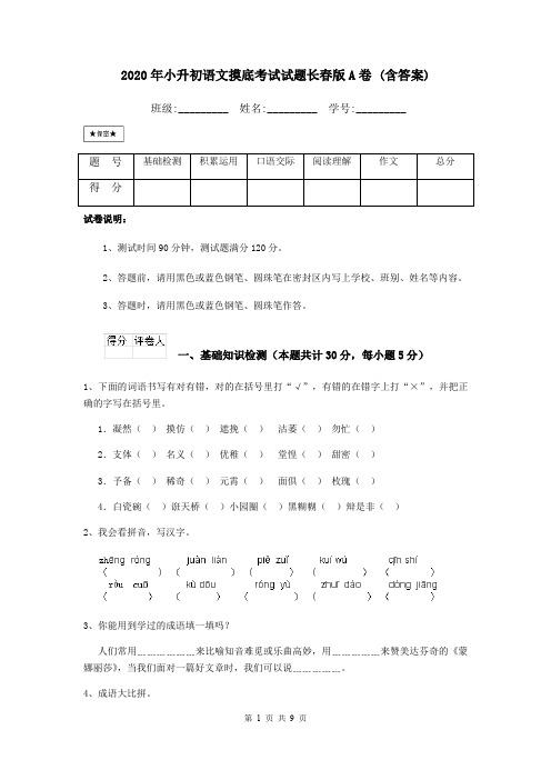 2020年小升初语文摸底考试试题长春版A卷 (含答案)