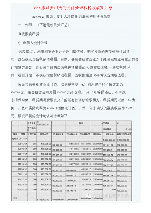 2016版融资租赁的会计处理和税收政策汇总