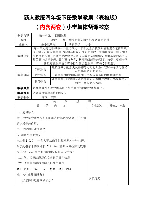 2018最新人教版四年级下册数学表格式教案